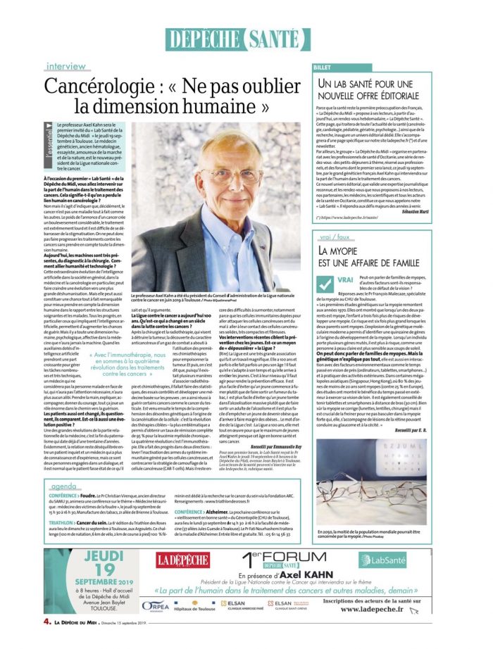 page santé dimanche 15 septembre 2019 itw Axel Kahn +vrai faux myopie